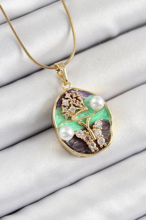 316L Çelik Zincir Zirkon Taşlı Yeşil Mor Sanatsal Portre İnci Detaylı Ağaç Ve Kelebek Figürlü Model