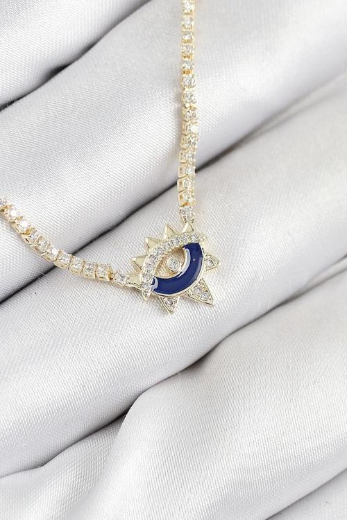 Pirinç Zirkon Taşlı Su Yolu Göz Model Gold Renk Kadın Kolye