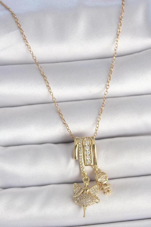 316L Çelik Gold Renk Zirkon Taşlı Sallantı Melek Figür Charm Kadın Kolye