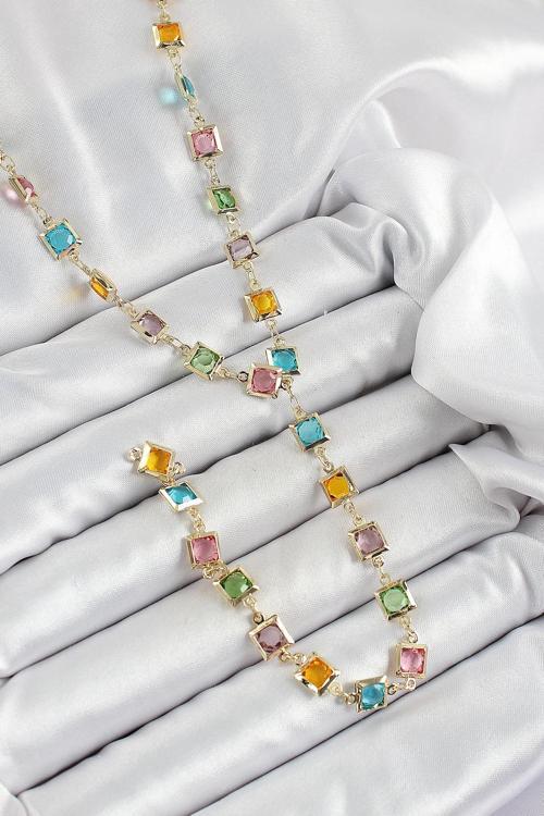 Pirinç Asorti Kare Model Gold Renk Zirkon Taşlı Y Kolye