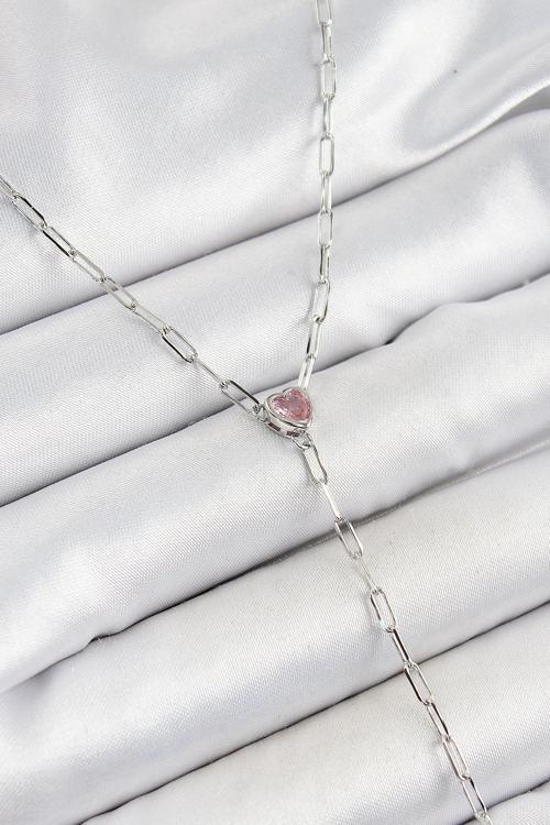 Pirinç Zirkon Taşlı Pembe Kalp Figürlü Y Model Gümüş Renk Kadın Kolye