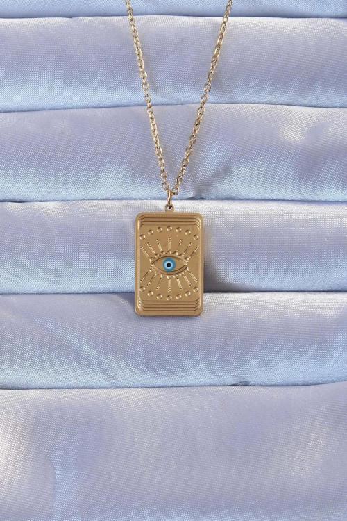 316L Altın Renk İşlemeli Nazarlı Göz Model Vintage Kolye
