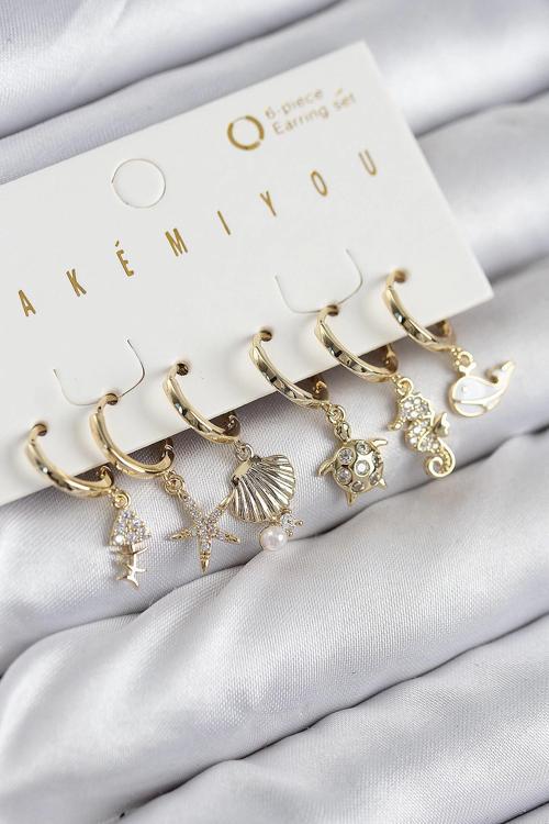 Pirinç Zirkon Taşlı İstiridye Balina Ve Yıldız Gold Renk 6'lı Küpe Set