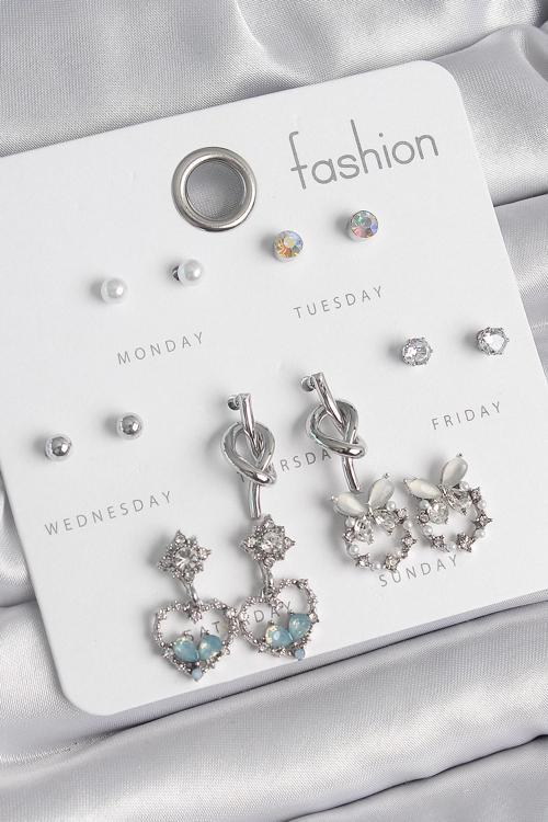 Pirinç Gümüş Renk Sallantı Zirkon Taşlı Kalp Model Düğüm Detay 7 Çift Kadın Küpe Seti