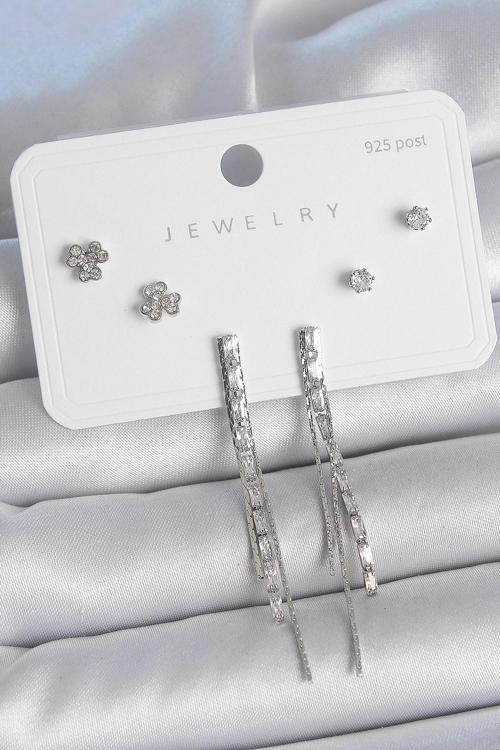 Pirinç Gümüş Renk Su Yolu Zirkon Taşlı Sallantı Model Çiçek Detay 925 Ayar Gümüş Çivi Kadın Küpe Set