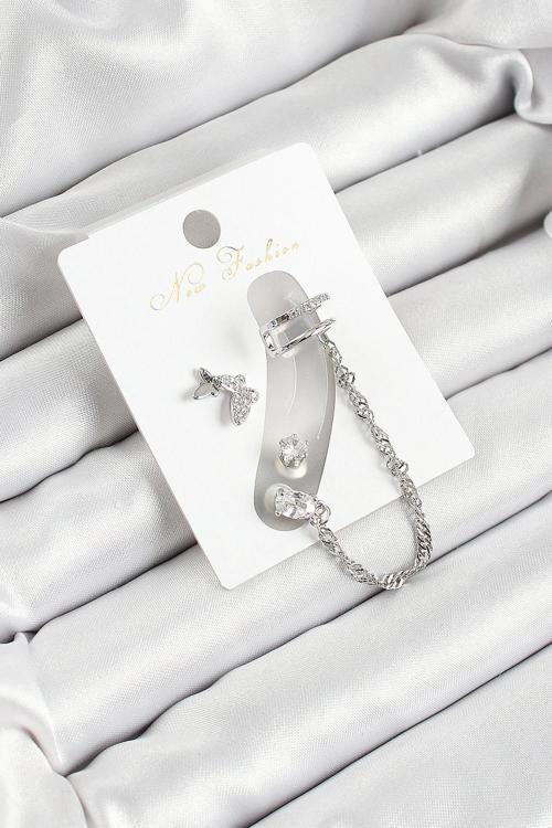 Pirinç Kelebek Figürlü Zirkon Taşlı Gümüş Renk 3'lü Kıkırdak Kadın Küpe Set
