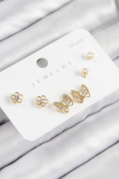 Pirinç Zirkon Taşlı Kelebek Model Gold Renk 925 Ayar Gümüş Çivi Kadın Küpe Set