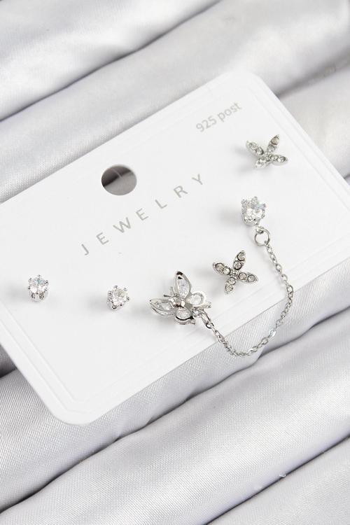Pirinç Zirkon Taşlı Kelebek Model Gümüş Renk 925 Ayar Gümüş Çivi Kadın Küpe Set