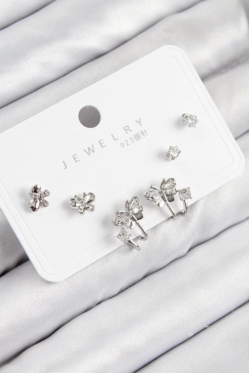 Pirinç Zirkon Taşlı Kelebek Model Gümüş Renk 925 Ayar Gümüş Çivi Kadın Küpe Set