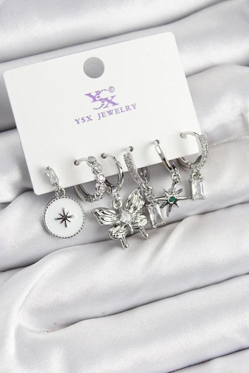 Pirinç Zİrkon Taşlı Kelebek ve Yıldız Model Gümüş Renk 3'lü Çift Kadın Küpe