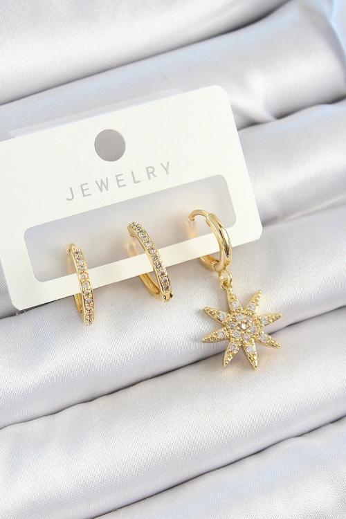 Pirinç Zirkon Taşlı Kutup Yıldızı Model Gold Renk 3'lü Çift Kadın Küpe Set