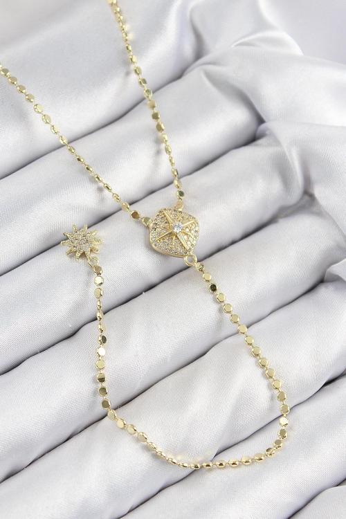 Pirinç Zirkon Taşlı Ezme Zincirli Madalyon Model Gold Renk Y Kolye