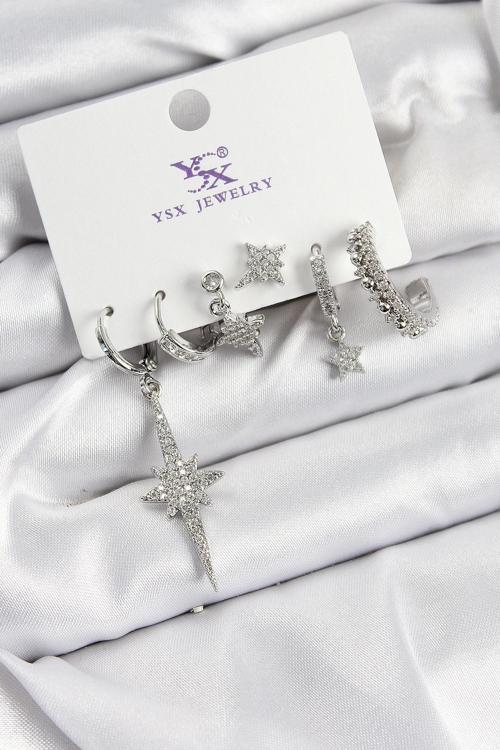 Pirinç Zİrkon Taşlı Kutup Yıldızı Model Gümüş Renk 3'lü Çift Kadın Küpe