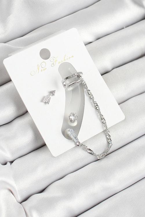 Pirinç Ok Figürlü Zirkon Taşlı Gümüş Renk 3'lü Kıkırdak Kadın Küpe Set