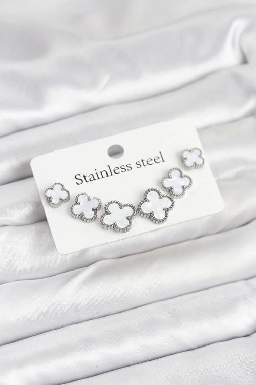 316L Çelik Gümüş Beyaz Renk 3 Boy Yonca Küpe Seti