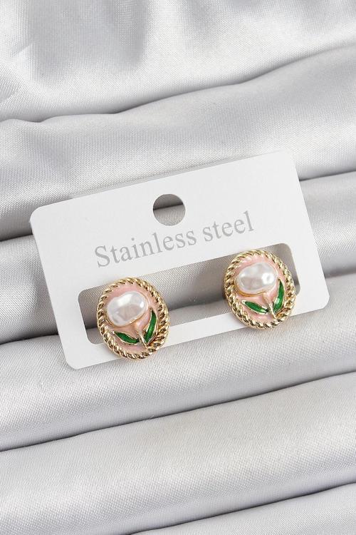 Pirinç Pembe Mineli Lale Figürlü Sanatsal Portre Model Gold Renk Kadın Küpe