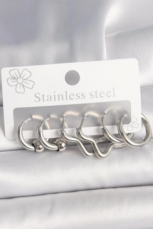 316L Çelik Gümüş Renk Halka Yıldız Model Kadın Küpe Seti