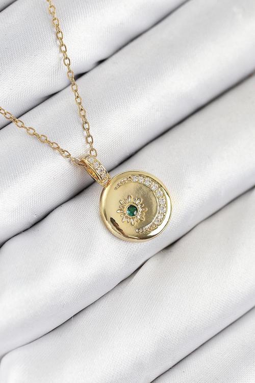 316L Çelik Zirkon Taşlı Ay Ve Güneş Model Gold Renk Kadın Kolye