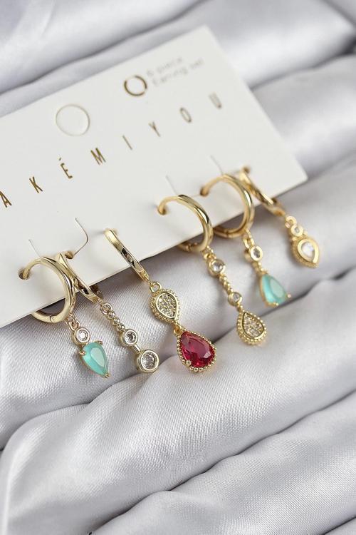 Pirinç Zirkon Taşlı Sallantılı Model Gold Renk 6'lı Küpe Set