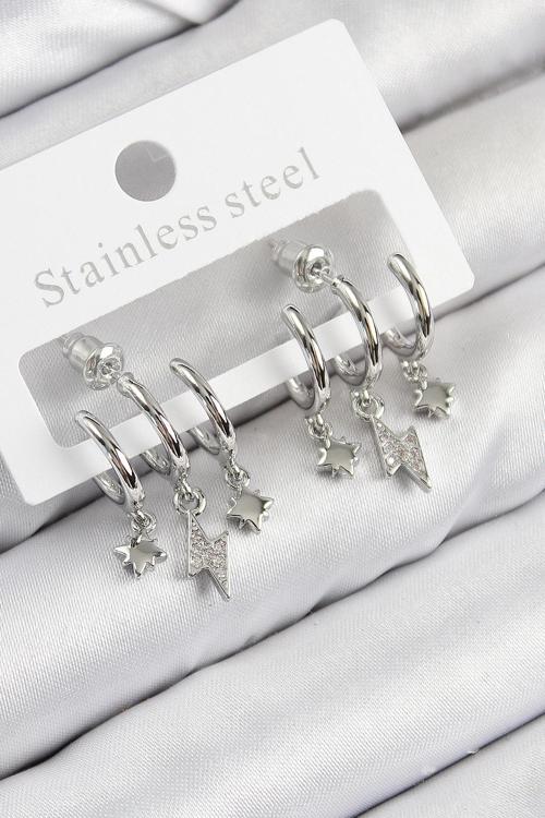 Pirinç Zirkon Taşlı Şimşek Model Gümüş Renk Kadın Küpe