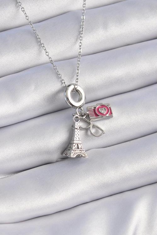 316L Çelik Gümüş Renk Eyfel Kule Fotoğraf Makinesi Model Charm Kadın Kolye