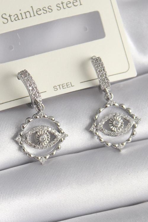 Pirinç Gümüş Renk Zirkon Taşlı Göz Model Kadın Küpe