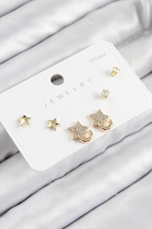 Pirinç Zirkon Taşlı Yıldız Model Gold Renk 925 Ayar Gümüş Çivi Kadın Küpe Set