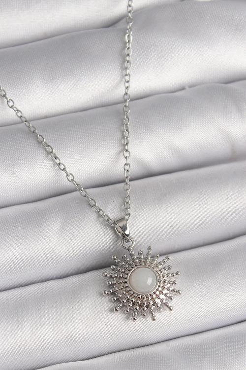 316L Çelik Gümüş Renk Zincir Beyaz Mineli Güneş Model Kadın Kolye