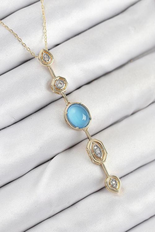 Pirinç Zincir Mavi Gold Renk Zirkon Taşlı Y Kolye