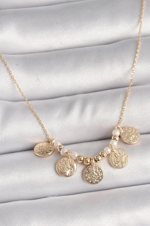 Pirinç Gold Renk 5'Li Osmanlı Tuğra Figür İnci Detay Kadın Kolye
