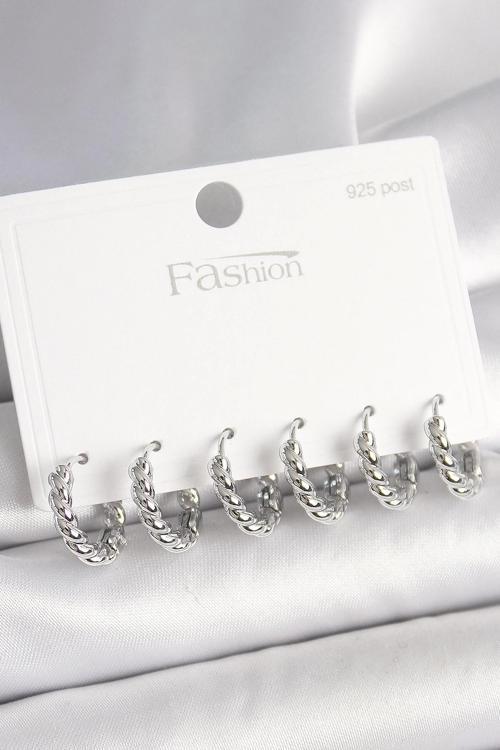 925 Ayar Gümüş Çivi Pirinç Gümüş Renk Sarmal Halka Model Kadın Küpe Seti