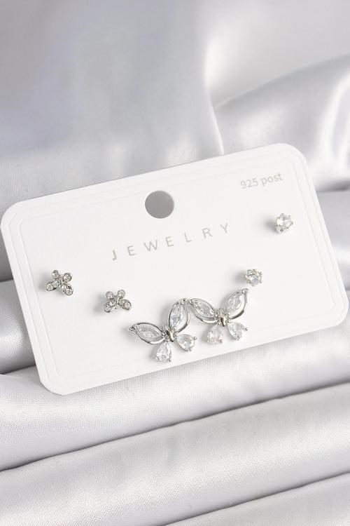 925 Ayar Gümüş Çivi Pirinç Gümüş Renk Zirkon Taşlı Kelebek Model Kadın Küpe Seti