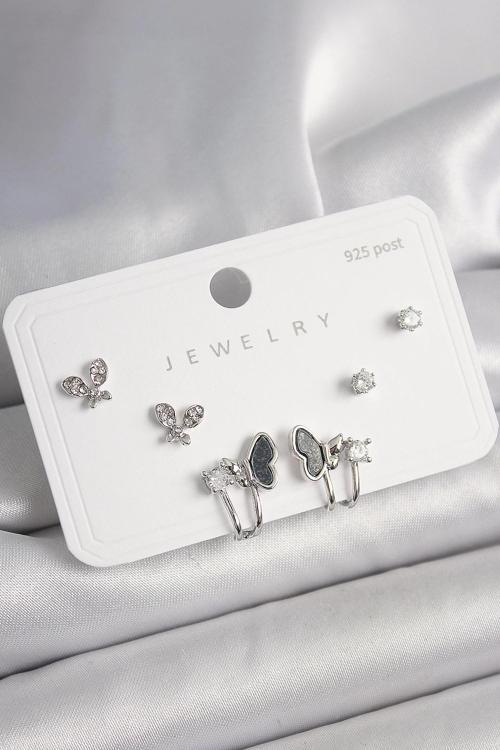 925 Ayar Gümüş Çivi Pirinç Gümüş Renk Zirkon Taşlı Kelebek Model Kadın Küpe Seti