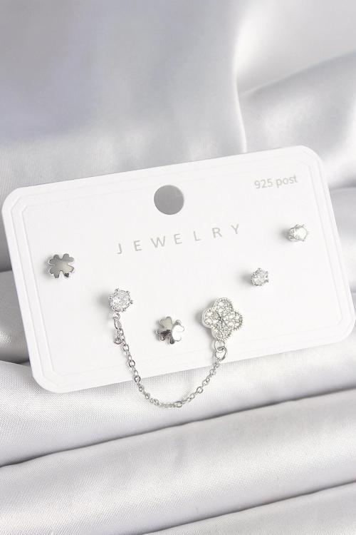 925 Ayar Gümüş Çivi Pirinç Gümüş Renk Zirkon Taşlı Yonca Model Sallantı Zincir Detay Kadın Küpe Seti