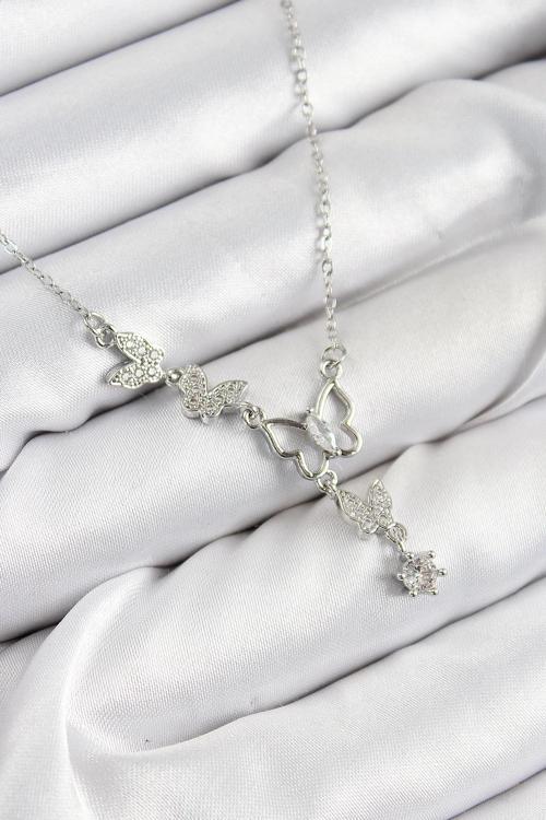 316L Çelik Zirkon Taşlı Kelebek Model Gümüş Renk Kadın Kolye