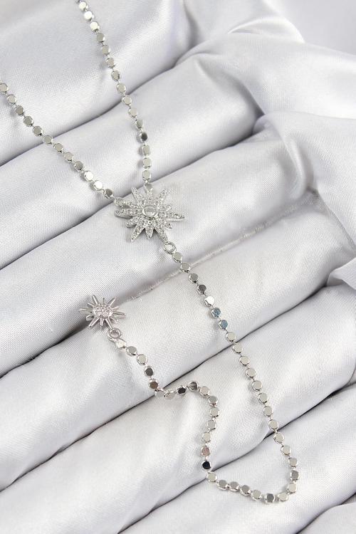 Pirinç Zirkon Taşlı Ezme Zincirli Kutup Yıldızı Model Gümüş Renk Y Kolye