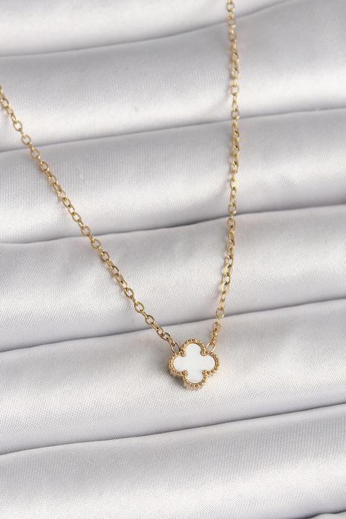 316L Çelik Gold Renk Beyaz Yonca Model Kadın Kolye