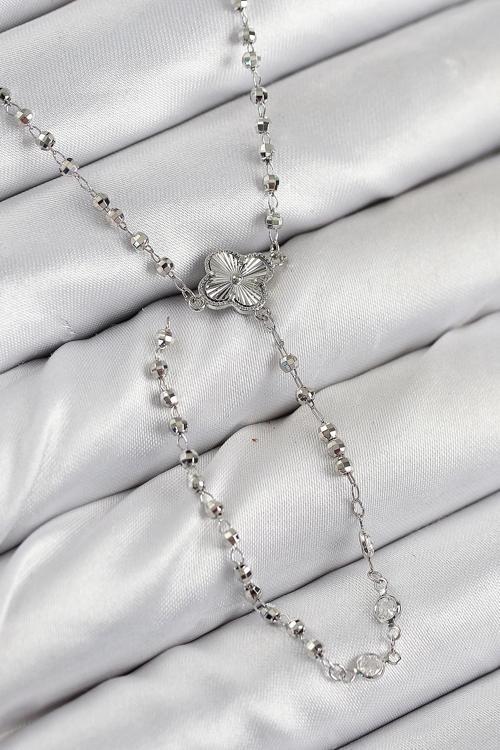 Pirinç Zirkon Taşlı Yonca Model Gümüş Renk Kadın Y Kolye