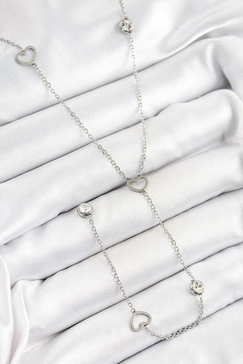 316L Çelik Zirkon Taşlı Kalp Figürlü Y Model Gümüş Renk Kadın Kolye