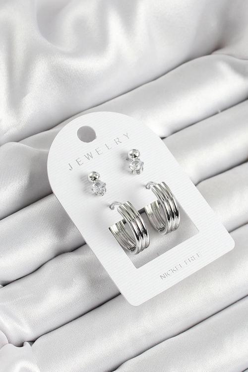 Pirinç Zirkon Taş Ve Halka Figürlü Gümüş Renk 3'lü Çift Kadın Küpe Set