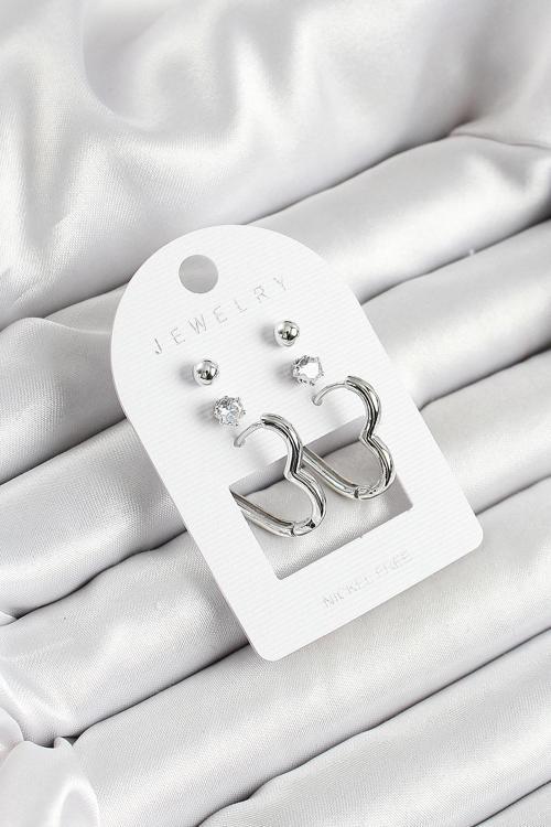 Pirinç Zirkon Taş Ve Kalp Figürlü Gümüş Renk 3'lü Çift Kadın Küpe Set