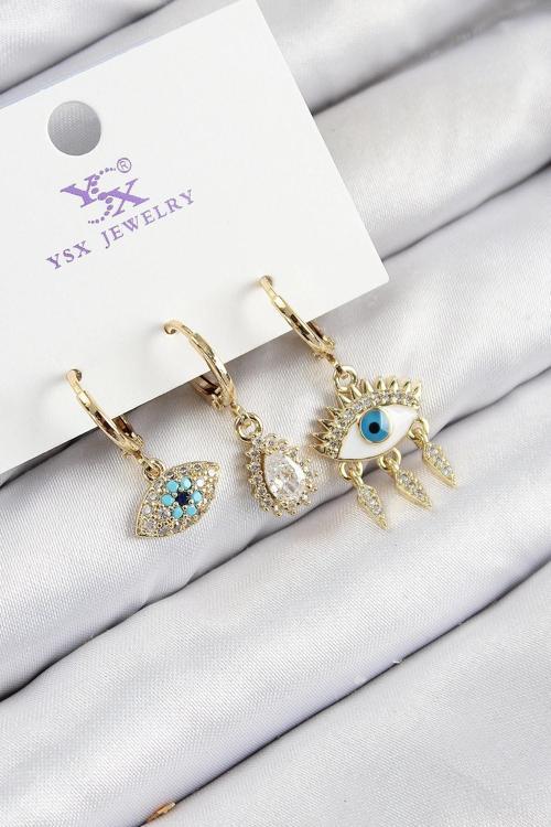 Pirinç Zirkon Taşlı 3'lü Fatma'nın Gözü Model Gold Renk Kadın Küpe