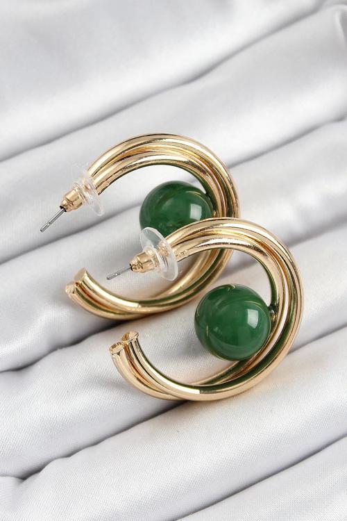 Pirinç Gold Renk Halka Model Yeşil Boncuk Detay Kadın Küpe