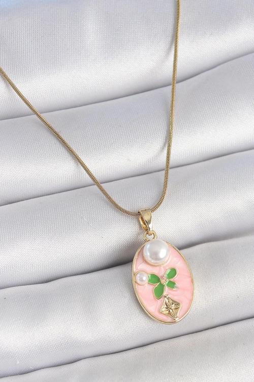 316L Çelik Gold Renk Zincir Pembe Mineli Oval İncili Çiçek İşlemeli Portre Model Kadın Kolye