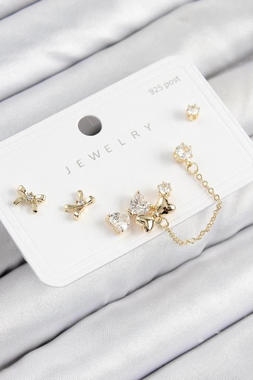 Pirinç Zirkon Taşlı Fiyonk Model Gold Renk 925 Ayar Gümüş Çivi Kadın Küpe Set