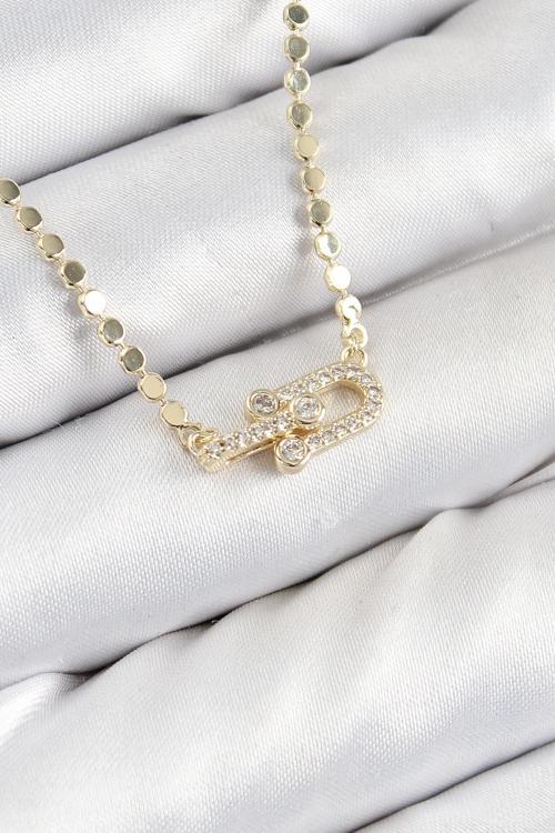 Pirinç Zirkon Taşlı Tifany Model Ezme Zincir Gold Renk Kadın Kolye