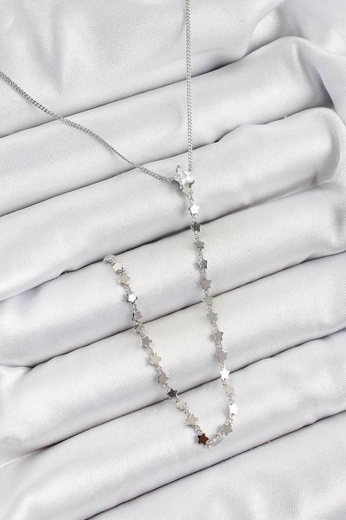 Pirinç Zirkon Taşlı Yıldız Figürlü Y Model Gümüş Renk Kadın Kolye