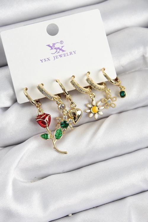 Pirinç Zİrkon Taşlı Gül Ve Papatya Model Gold Renk 3'lü Çift Kadın Küpe