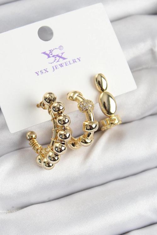 Pirinç Zİrkon Taşlı Halka Model Gold Renk 3'lü Kadın Küpe