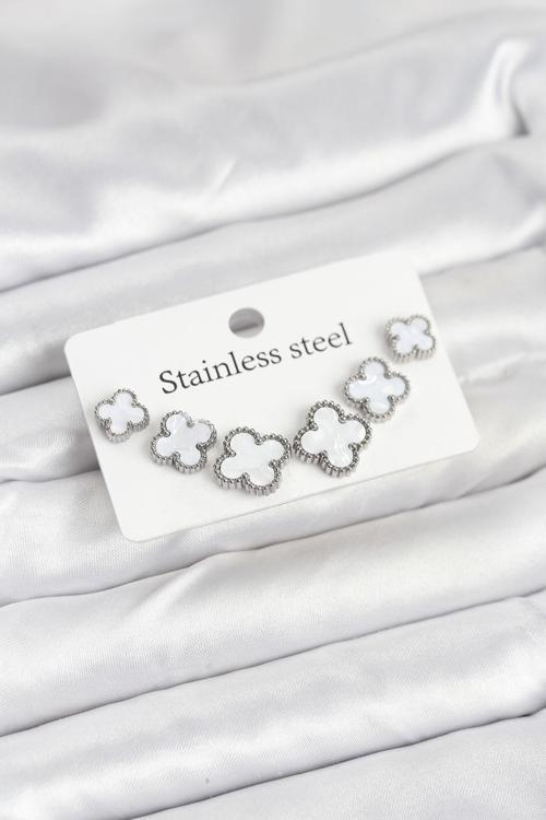 Zarif Kadın için Silver Çelik Beyaz Üç Boy Yonca Küpe Seti